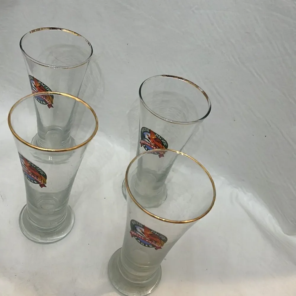 South Pacific Lager Special Export Beer Glasses 12 Oz Each Set 4 Gold Trimmed